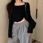 Long-sleeve Side-slit T-shirt / Drawstring Harem Cropped Pants