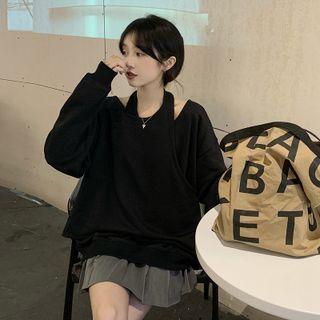 Mock Two-piece Cutout Sweatshirt / Pleated Mini A-line Skirt