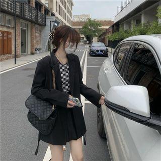 Single-breasted Blazer / Checkered Tank Top / Pleated Mini A-line Skirt