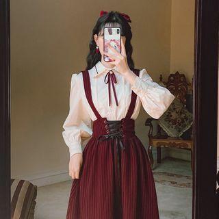 Set: Tie Neck Shirt + Suspender Midi A-line Skirt