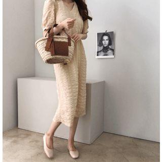 V-neck Tie-back Textured Midi Dress