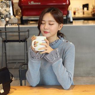 Frilled Stripe-layered Rib-knit Sweater