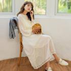 Set: Lace Trim Long-sleeve Midi Chiffon Dress + Slipdress