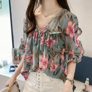 Floral Print Cold-shoulder Ruffled Blouse