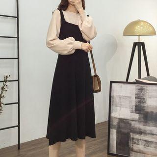 Mock Two-piece Long-sleeve Knit Midi Dress As Shown In Figure - One Size
