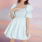 Puff Short-sleeve Square-neck Crystal Bow Dress