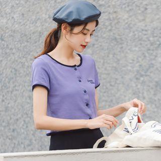 Short-sleeve Letter Embroidered Button-up Top