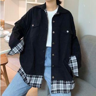 Mock Two-piece Plaid Trim Buttoned Jacket