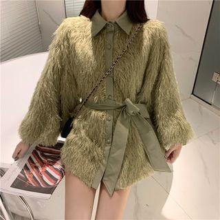 Faux Leather Panel Tie Waist Furry Shirt