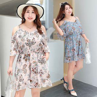 Cold Shoulder Floral Elbow-sleeve Playsuit