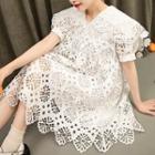Elbow-sleeve Collared Lace A-line Dress