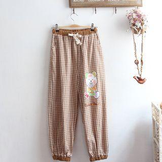 Cartoon Print Check Straight Leg Pants Brown - One Size