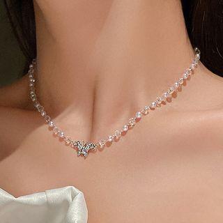 Rhinestone Butterfly Pendant Necklace 1pc - Silver & White - One Size
