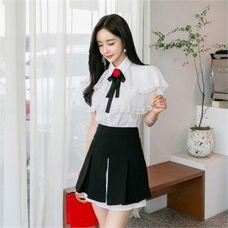Lace-trim Pleated Layered Blouse With Brooch