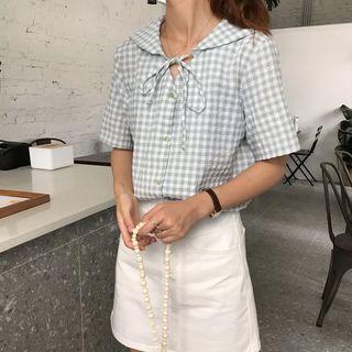 Short-sleeve Tie Neck Plaid Shirt