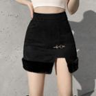 Buckled High-waist Fluffy Trim Mini Pencil Skirt