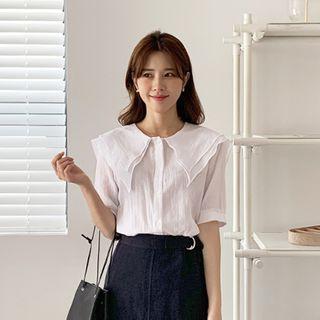 Layered-collar Sheer Cotton Blouse Ivory - One Size