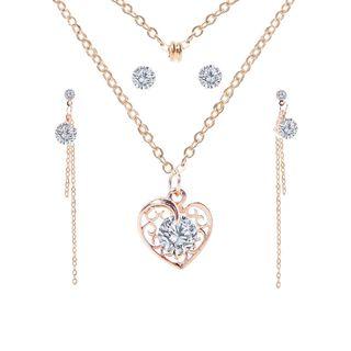 Set: Rhinestone Heart Pendant Necklace + Fringed Earring + Stud Earring Js6020 - Gold - One Size