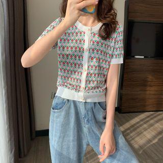 Short-sleeve Floral Jacquard Knit Top Red & Pink & Green & White - One Size