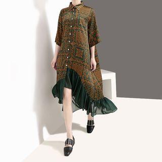 Elbow-sleeve Print Ruffled Dress