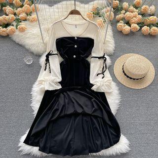 Mock Two-piece V-neck Lace Sleeve Panel Velvet Dress