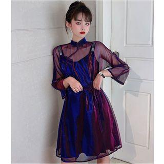 Set: 3/4-sleeve Mesh A-line Dress + Sleeveless Letter Strap Dress