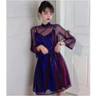 Set: 3/4-sleeve Mesh A-line Dress + Sleeveless Letter Strap Dress