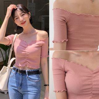 Off-shoulder Lettuce-edge Shirred Top