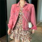 Denim Jacket / V-neck Floral Printed Mini Dress