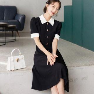 Contrast-collar Button-trim Midi Flare Dress