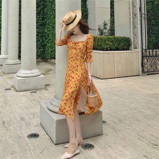 Elbow-sleeve Floral Print Slit A-line Dress