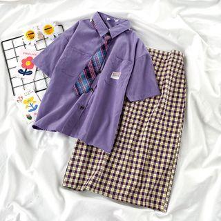 Elbow-sleeve Shirt / Neck-tie / Plaid Midi A-line Skirt