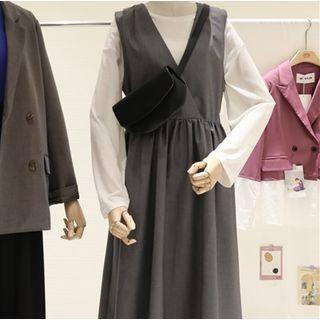 V-neck Midi A-line Pinafore Dress