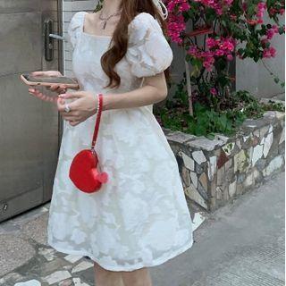 Puff-sleeve Jacquard A-line Dress