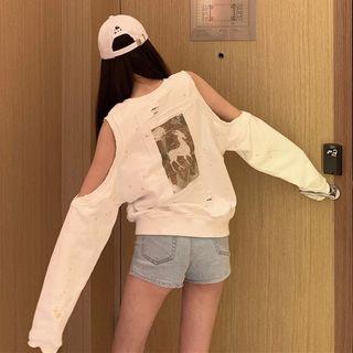 Ripped Cold-shoulder Sweatshirt White - One Size