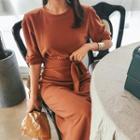 Puff-sleeve Tie-waist Long Dress