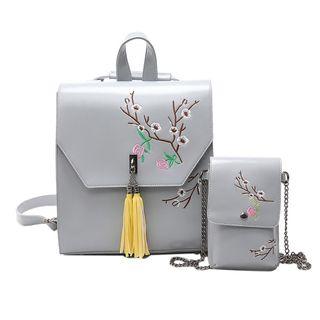 Set : Faux Leather Tasseled Backpack + Pouch
