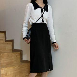 Contrast Trim Long Sleeve Knit Top / Slit H-line Skirt