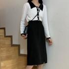 Contrast Trim Long Sleeve Knit Top / Slit H-line Skirt