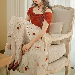 Short-sleeve Embroidered Cold-shoulder Midi Dress