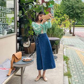 Denim A-line Long Wrap Skirt Blue - One Size