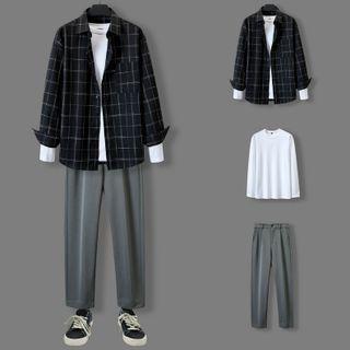 Set: Long-sleeve Plain T-shirt + Plaid Shirt + Straight Leg Pants