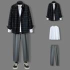 Set: Long-sleeve Plain T-shirt + Plaid Shirt + Straight Leg Pants