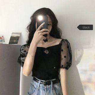 Puff-sleeve Mesh Top