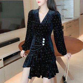 Dotted Long-sleeve Mini A-line Velvet Dress