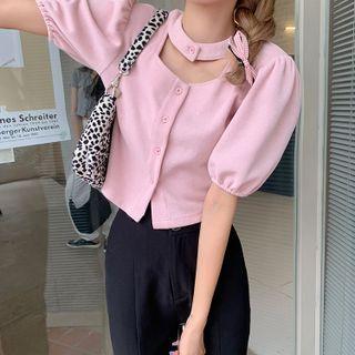 Puff-sleeve Cutout Plain Blouse