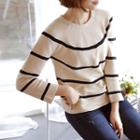 Raglan-sleeve Stripe Knit Top Beige - One Size