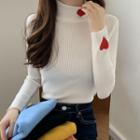 High-neck Long-sleeve Embroidered Heart Knit Top