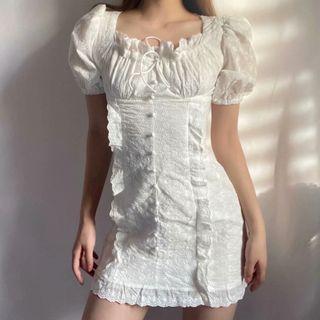 Puff-sleeve Ruffle Trim Mini Bodycon Dress