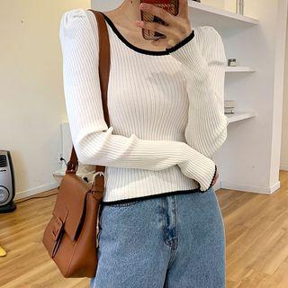 Scoop-neck Puff-shoulder Slim Knit Top